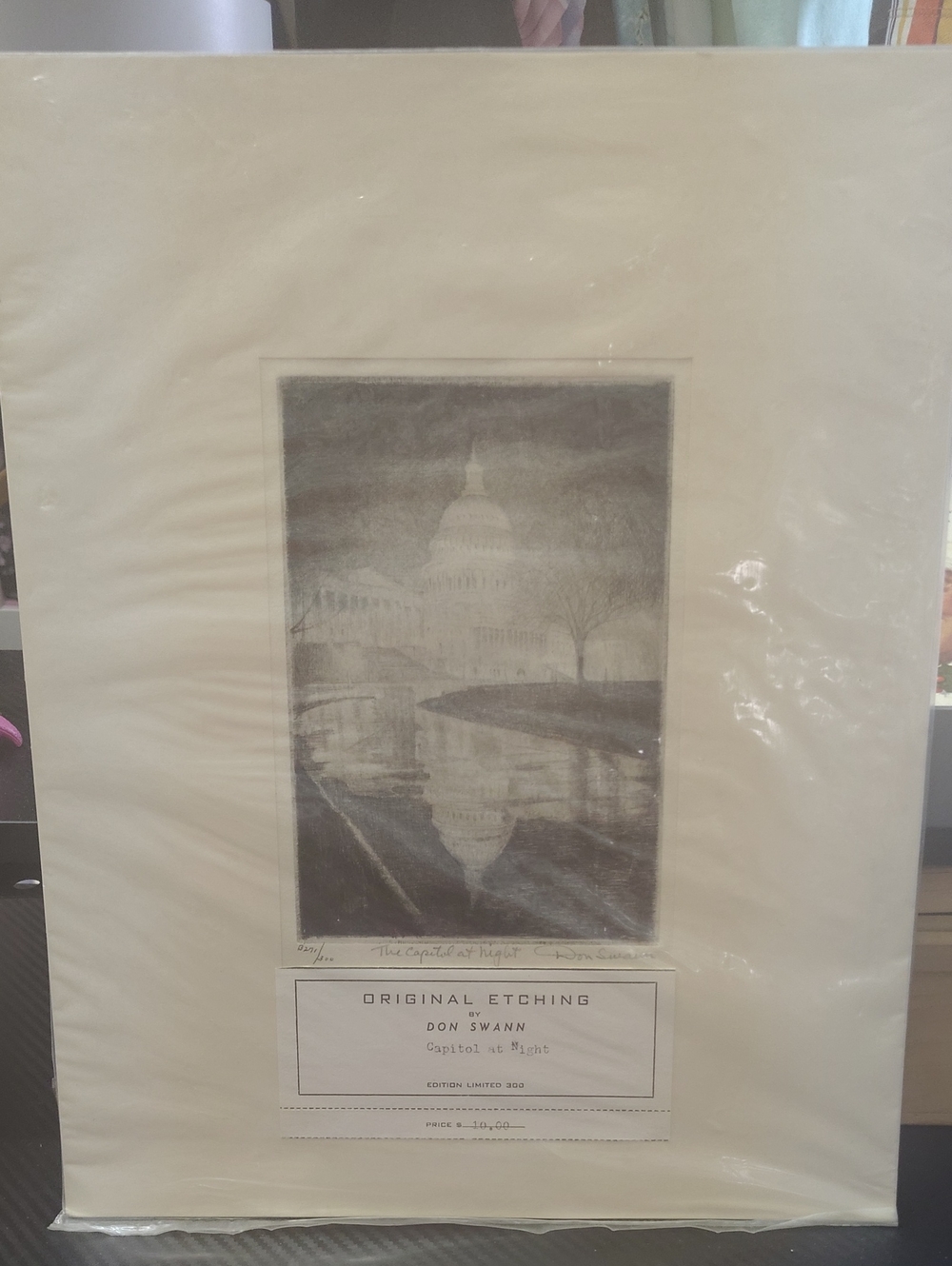 'Capitol at Night' Original Etching in Cream